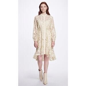 Marchesa Notte Lace Shirt Dress Cream Long Sleeves Belted Waist Lined